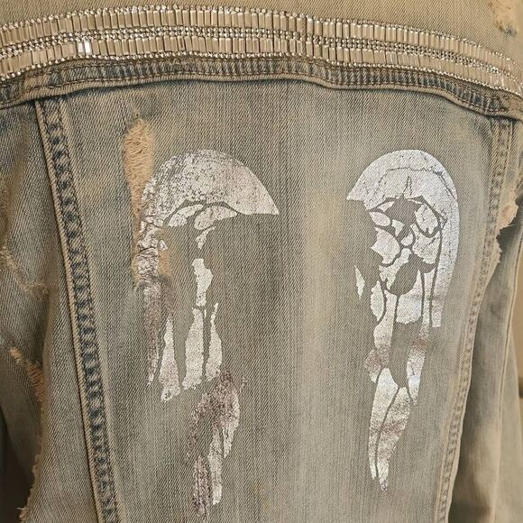 Aeropostale Upcycled Bleached and Distressed Denim Trucker Jacket, "Angel Wings" - Picture 8 of 11